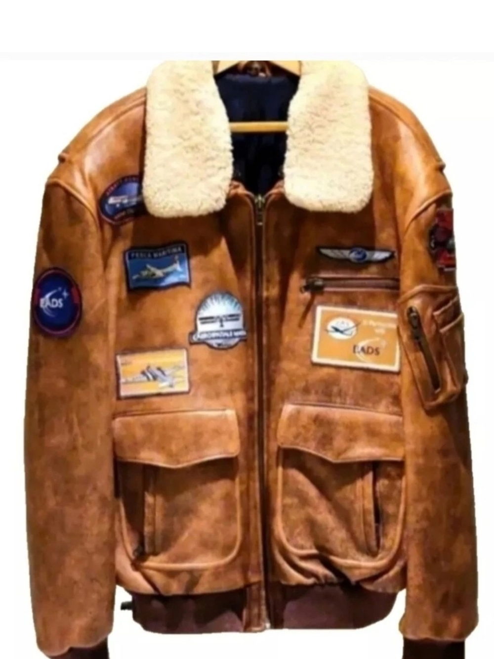 Bomber Style Mens Leather Jacket Removable Sheepskin Collar YKK Zipper  Germany